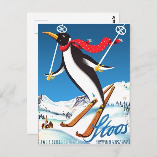 Stoos, Pinguin auf Ski, Schweizer Berge Postkarte (Vorne/Hinten)