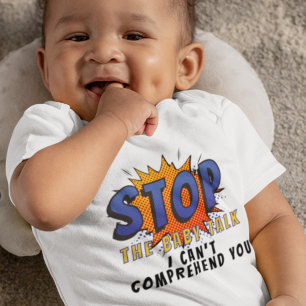 Stoppen Sie den Babygespräch mit der Comic-Sprechb Baby Strampler