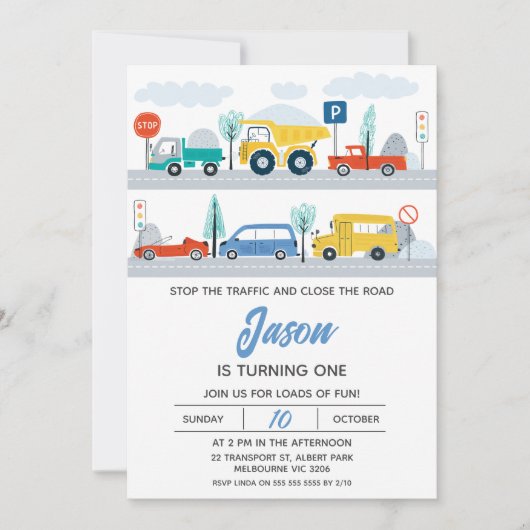 Stoppen Sie den Verkehr farbenfroh Transport 1. Ge Einladung (Vorderseite)