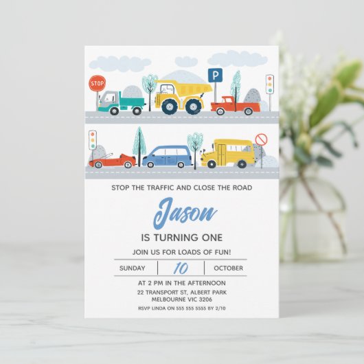 Stoppen Sie den Verkehr farbenfroh Transport 1. Ge Einladung (Stehend Vorderseite)