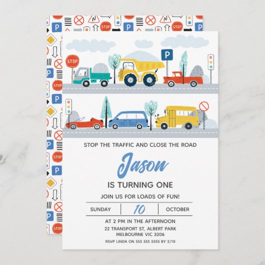 Stoppen Sie den Verkehr farbenfroh Transport 1. Ge Einladung (Vorne/Hinten)