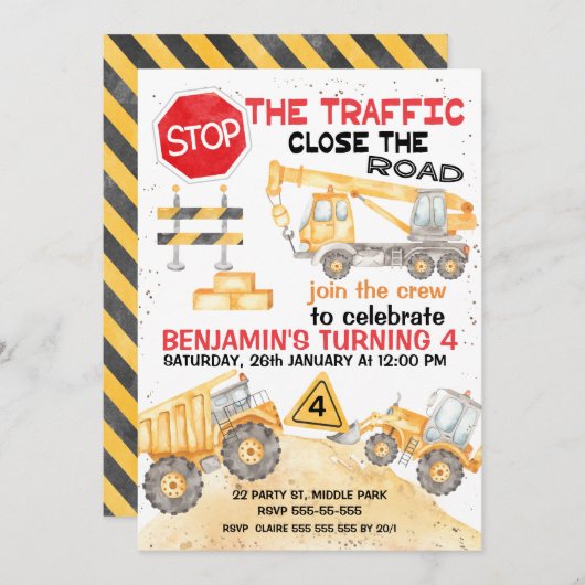 Stoppt den Straßenbau am Geburtstag Einladung (Vorne/Hinten)