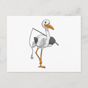Storch als Angler mit Angelrute Postkarte