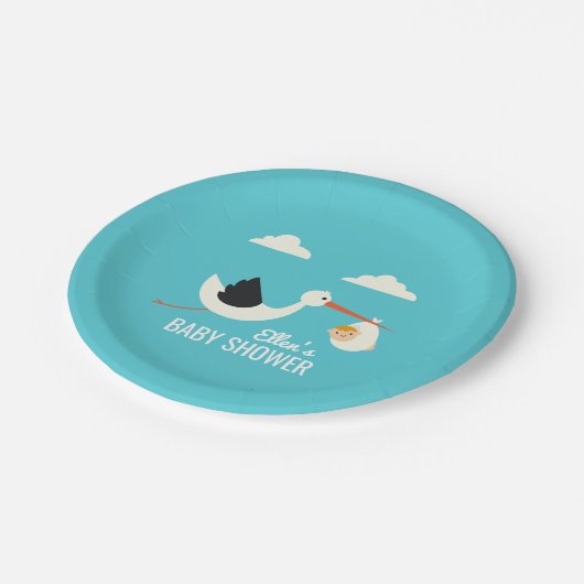 Storch-Ankunft Pappteller (Schrägansicht)