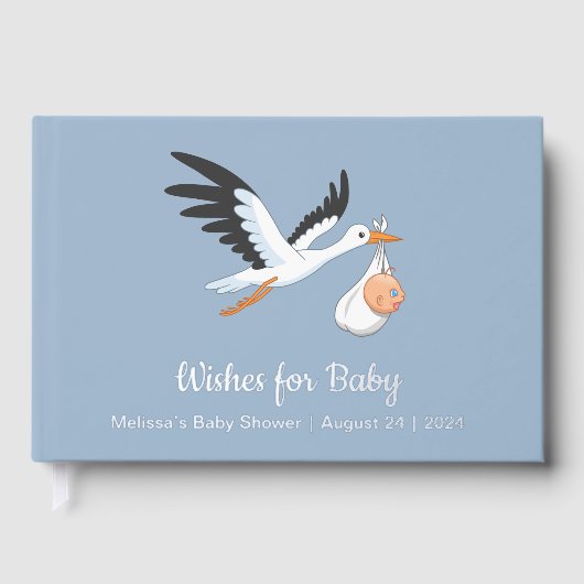 Storch auf Blue Baby Shower Foil Gästebuch (Vorderseite)