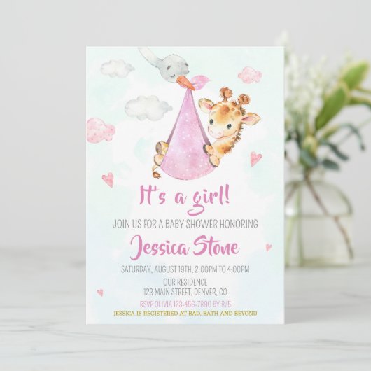 Storch Baby Dusche Einladung Giraffe Party einlade (Stehend Vorderseite)