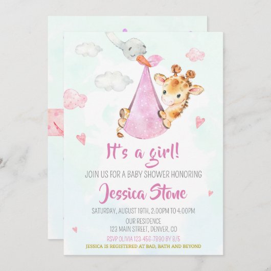 Storch Baby Dusche Einladung Giraffe Party einlade (Vorne/Hinten)