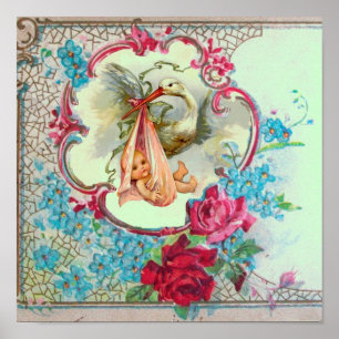STORCH BABY MÄDCHEN SHOWER Grün Poster