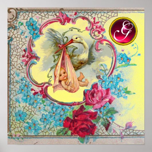 STORCH BABY MÄDCHEN SHOWER Ruby Edelstein Monogram Poster (Vorne)