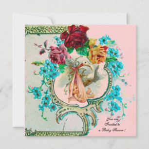 STORCH BABY-MÄDCHEN-SPRITZER MIT ROSA ROSEN UND BL ANKÜNDIGUNG