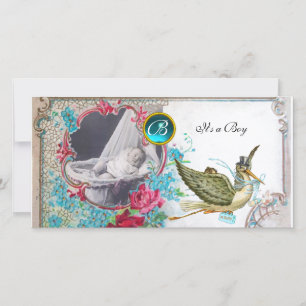STORCH BABY SHOWER MONOGRAMM, aquamarin, weiß Ankündigung