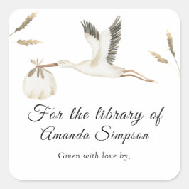 Storch - Babydusche Buchzeichen, Babybücher Quadratischer Aufkleber