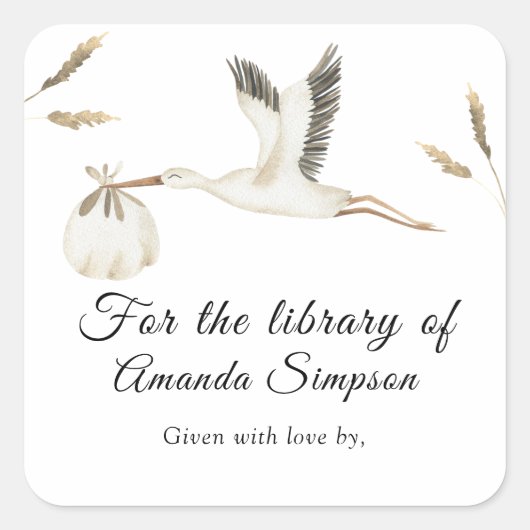 Storch - Babydusche Buchzeichen, Babybücher Quadratischer Aufkleber (Vorderseite)