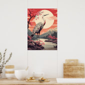 Storch bei Sonnenaufgang am See und Sakura-Bäume Poster (Küche)