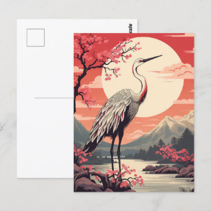 Storch bei Sonnenaufgang am See und Sakura-Bäume Postkarte