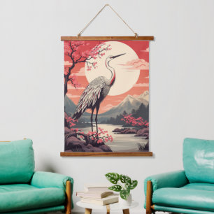 Storch bei Sonnenaufgang am See und Sakura-Bäume Wandteppich Mit Holzrahmen