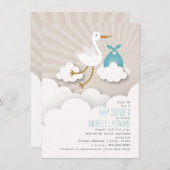 Storch + Clouds Baby Dusche - Blau Einladung (Vorne/Hinten)