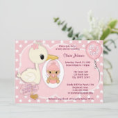 Storch Delivery Baby Dusche Einladung GIRL PINK 1B (Stehend Vorderseite)