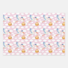 Storch Delivery Baby Girl Wrapping Paper Niedlich Geschenkpapier Set