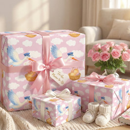 Storch Delivery Baby Girl Wrapping Paper Niedlich  Geschenkpapier Set