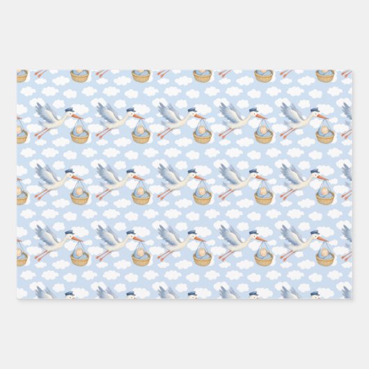 Storch Delivery Baby Wrapping Paper - Niedlich Blu Geschenkpapier Set (Vorderseite 2)