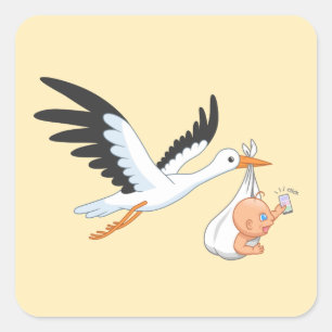 Storch, der ein Baby trägt, das First Selfie Yello Quadratischer Aufkleber