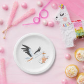 Storch, der ein Baby trägt, das sich selbst ernähr Pappteller (Party)