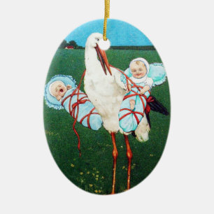 STORCH-DOPPELbaby-JUNGEN-DUSCHE, aquamarines Blau Keramik Ornament