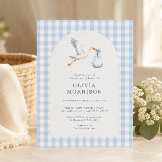 Storch Gingham Blau Junge Baby Shower Einladung