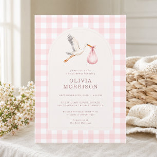Storch Gingham Rosa Mädchen Baby-Party Einladung