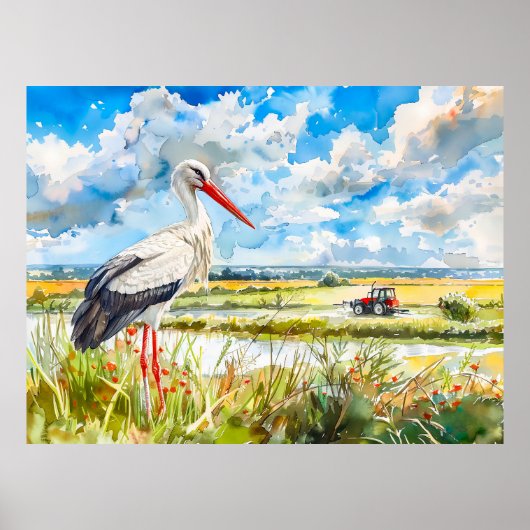 Storch im Sommer Felder Havelland Wasserfarbe Stil Poster (Vorne)