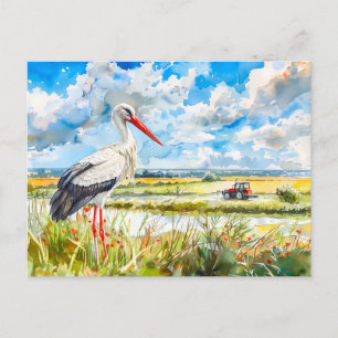 Storch im Sommer Felder Havelland Wasserfarbe Stil Postkarte