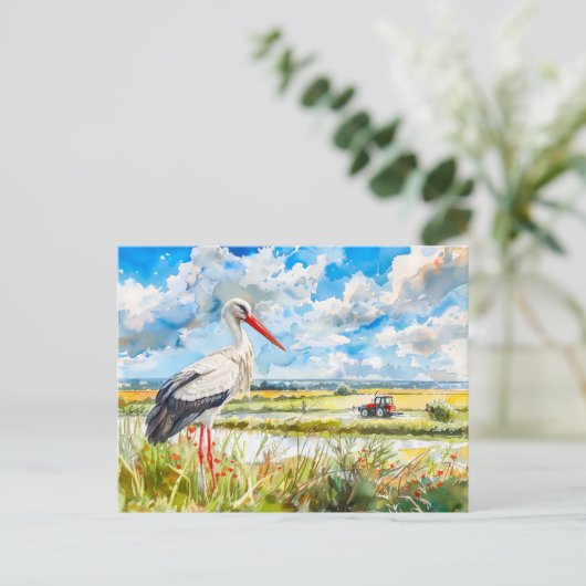 Storch im Sommer Felder Havelland Wasserfarbe Stil Postkarte (Stehend Vorderseite)
