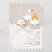 Storch in Clouds Babydusche - Orange Einladung (Vorne/Hinten)