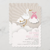 Storch in der Wolkendusche - Rosa Einladung (Vorne/Hinten)