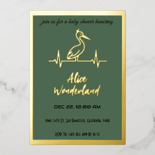 Storch in modernem Gold und Grün zur Babyparty Folieneinladung