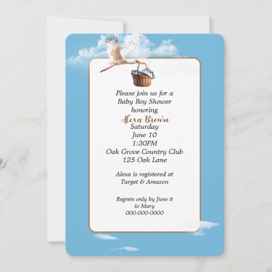 Storch mit Baby Boy im Korb Einladung (Vorderseite)
