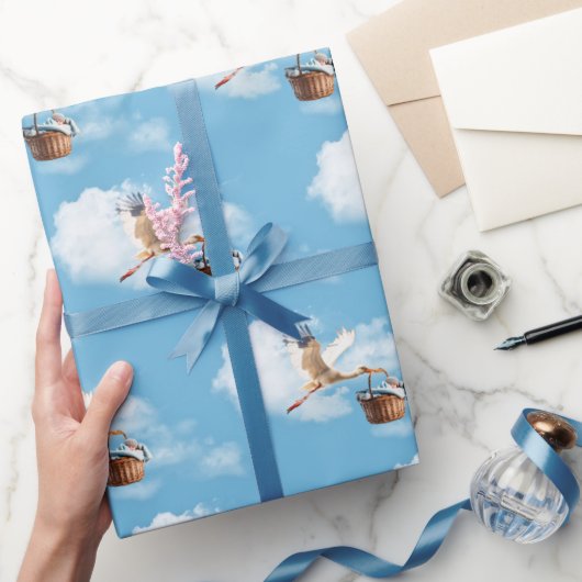 Storch mit Baby Boy im Korb Geschenkpapier (Schenken)
