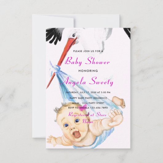 Storch mit Baby Dusche Einladung Beispiel (Vorderseite)