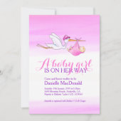 Storch mit Baby Girl Dusche Einladungen (Vorderseite)