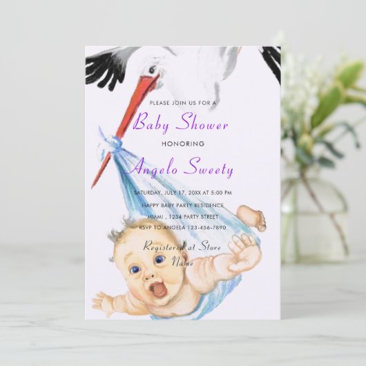 Storch mit Babydusche Einladung Funny Design (Stehend Vorderseite)