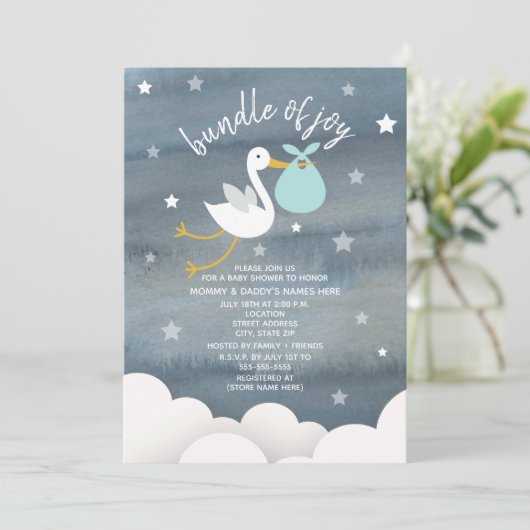 Storch mit Blue Bundle Stars Babydusche Einladung (Stehend Vorderseite)