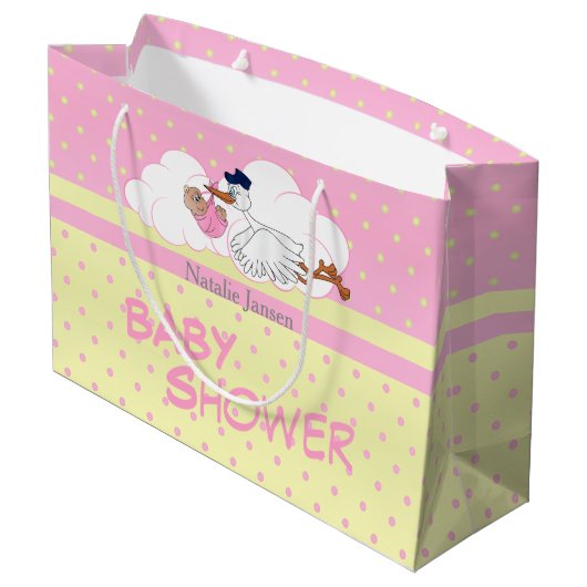 Storch mit einem Niedlichen Baby Girl Große Geschenktüte (Rückseite Schrägansicht)