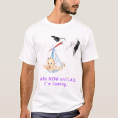 Storch mit New Baby T - Shirt - Hallo Mama und Vat (Vorderseite)