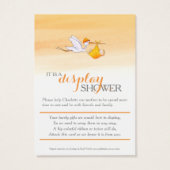 Storch mit orangefarbenen Babyduschkarten (Rückseite)