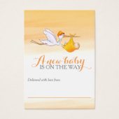 Storch mit orangefarbenen Babyduschkarten (Vorderseite)