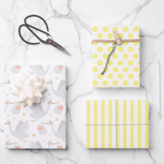 Storch New Baby Wrapping Paper Set 3 Geschenkpapier Set (Vorderseite)