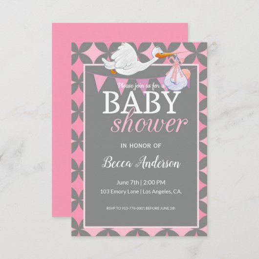 Storch | Rosa Babydusche Einladung (Vorne/Hinten)