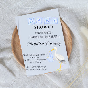 Storch Spanische Babyparty Dusty Blue Schrift Acryleinladungen