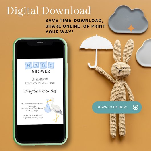 Storch Spanish Baby Shower Dusty Blue Qr Code Gesc Einladung